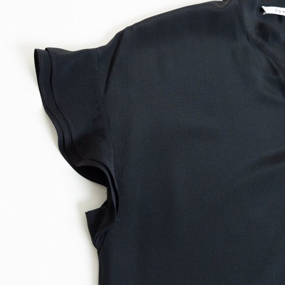 FRAME Silk Blouse Black Flounce Short Sleeve Top Button Up XS - Picture 8 of 14